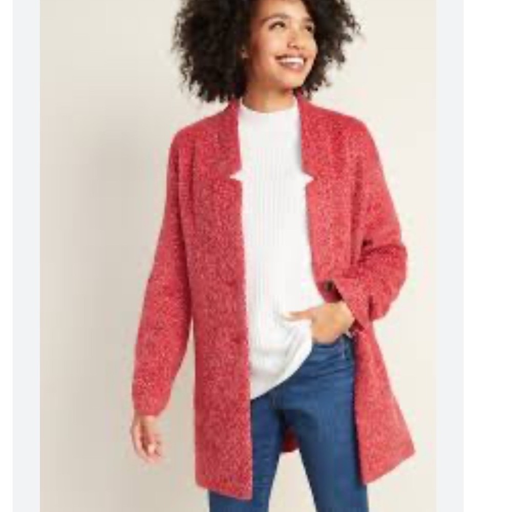 Old Navy Red Bouclé Open Sweater Coat Women's Medium Textured Knit Coatigan